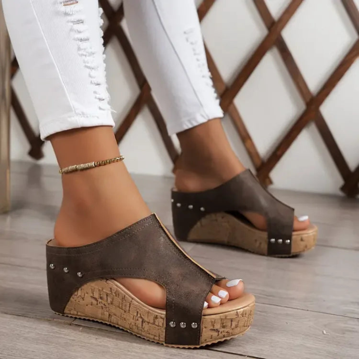 Studded Cork Platform Wedge Mule Sandals