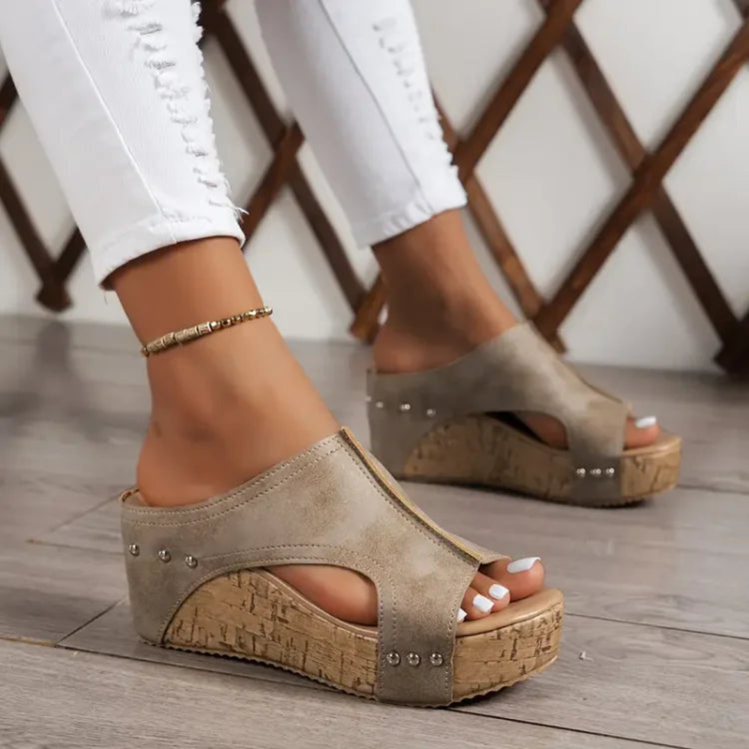 Studded Cork Platform Wedge Mule Sandals