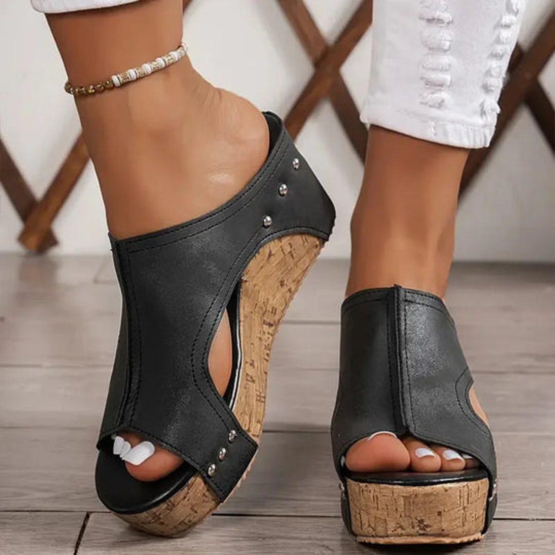 Studded Cork Platform Wedge Mule Sandals