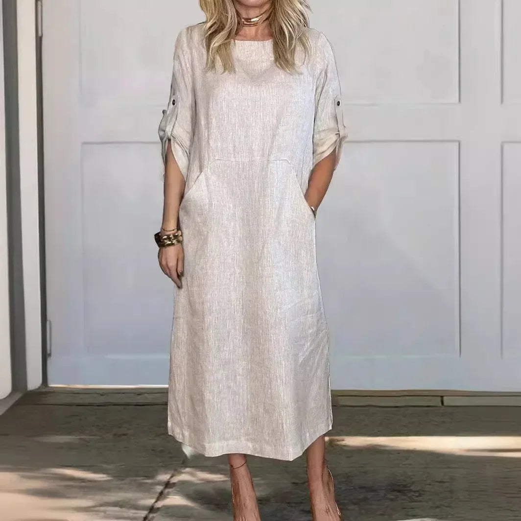 Casual Roll Tab Sleeves Linen-Look Summer Dress