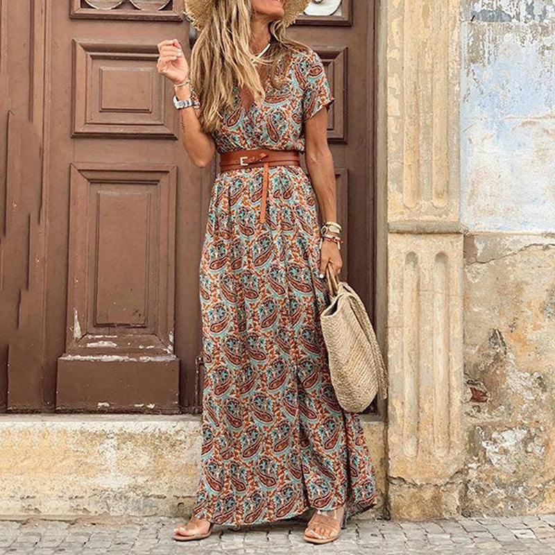 Boho Floral V-Neck Maxi Dress