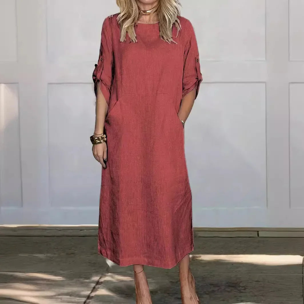 Casual Roll Tab Sleeves Linen-Look Summer Dress
