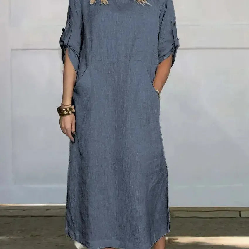 Casual Roll Tab Sleeves Linen-Look Summer Dress