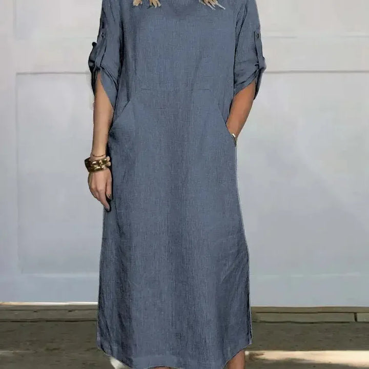 Casual Roll Tab Sleeves Linen-Look Summer Dress