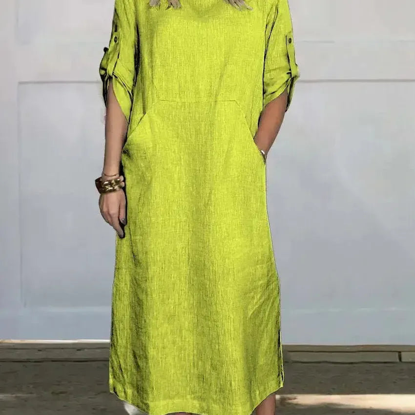 Casual Roll Tab Sleeves Linen-Look Summer Dress