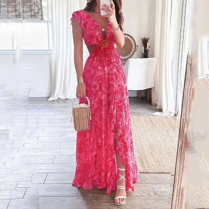 Floral Cut Out Maxi Dress with Ruffle Sleeves