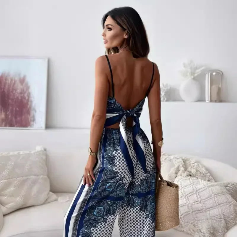 Printed Lace-Up Vest And Pants Set