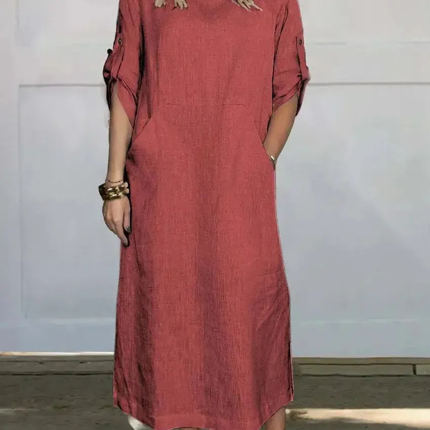 Casual Roll Tab Sleeves Linen-Look Summer Dress