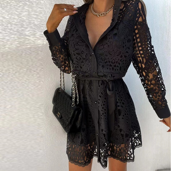 Long Sleeve Lace-Look V-Neck Dress