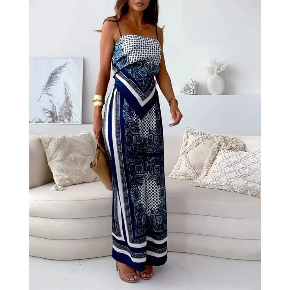 Printed Lace-Up Vest And Pants Set
