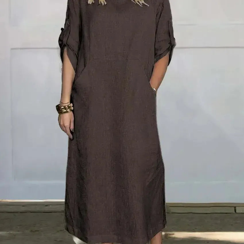 Casual Roll Tab Sleeves Linen-Look Summer Dress