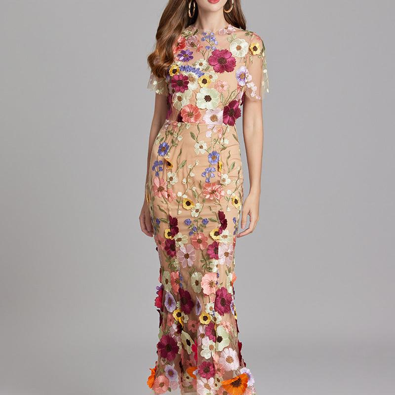 Floral Appliqué Mermaid Evening Gown