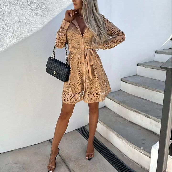 Long Sleeve Lace-Look V-Neck Dress