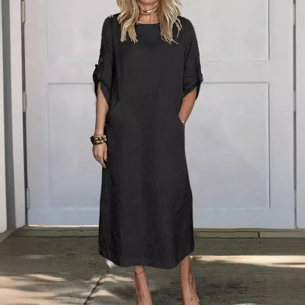 Casual Roll Tab Sleeves Linen-Look Summer Dress