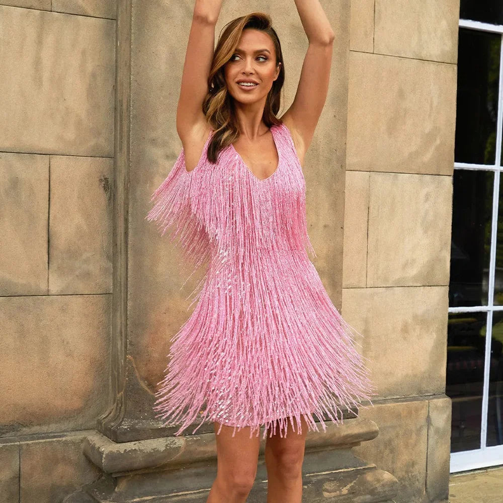 Glittering Sequin Fringe Mini Dress