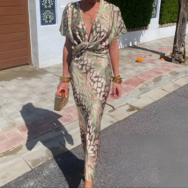 Printed Twist Front Bodycon Maxi Dress