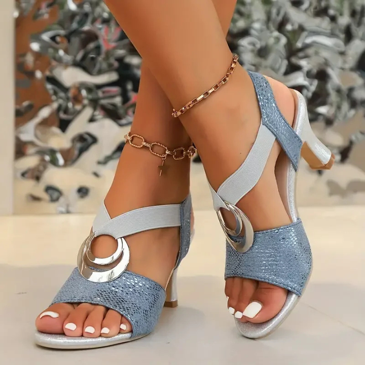 Metallic Buckle Kitten Heel Sandals