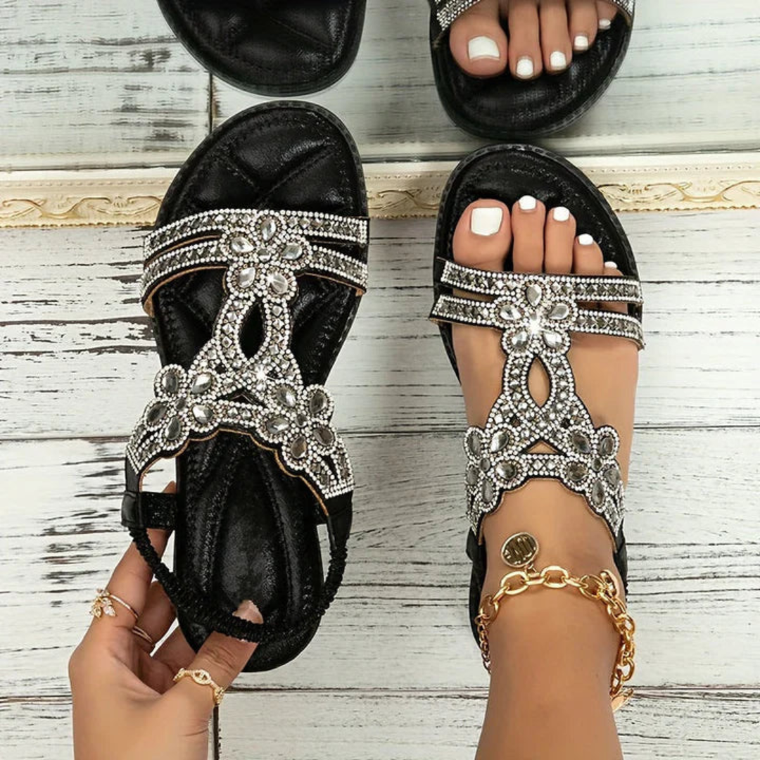 Rhinestone Embellished Flat Slingback Sandals