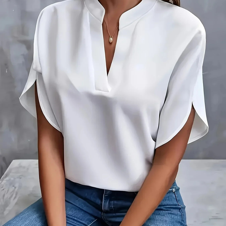 Chiffon-Look V-Neck Short Sleeve Blouse