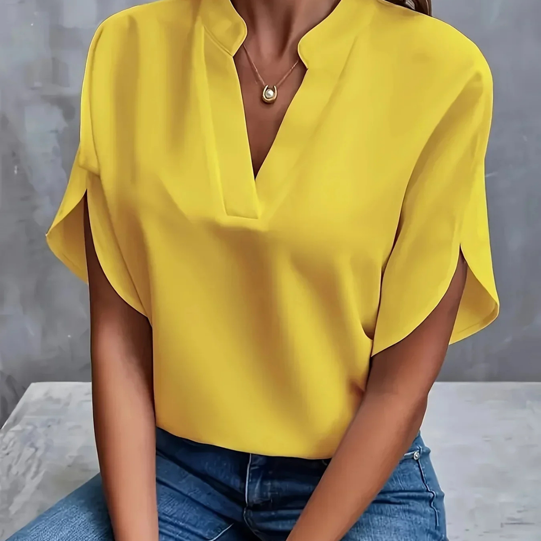 Chiffon-Look V-Neck Short Sleeve Blouse