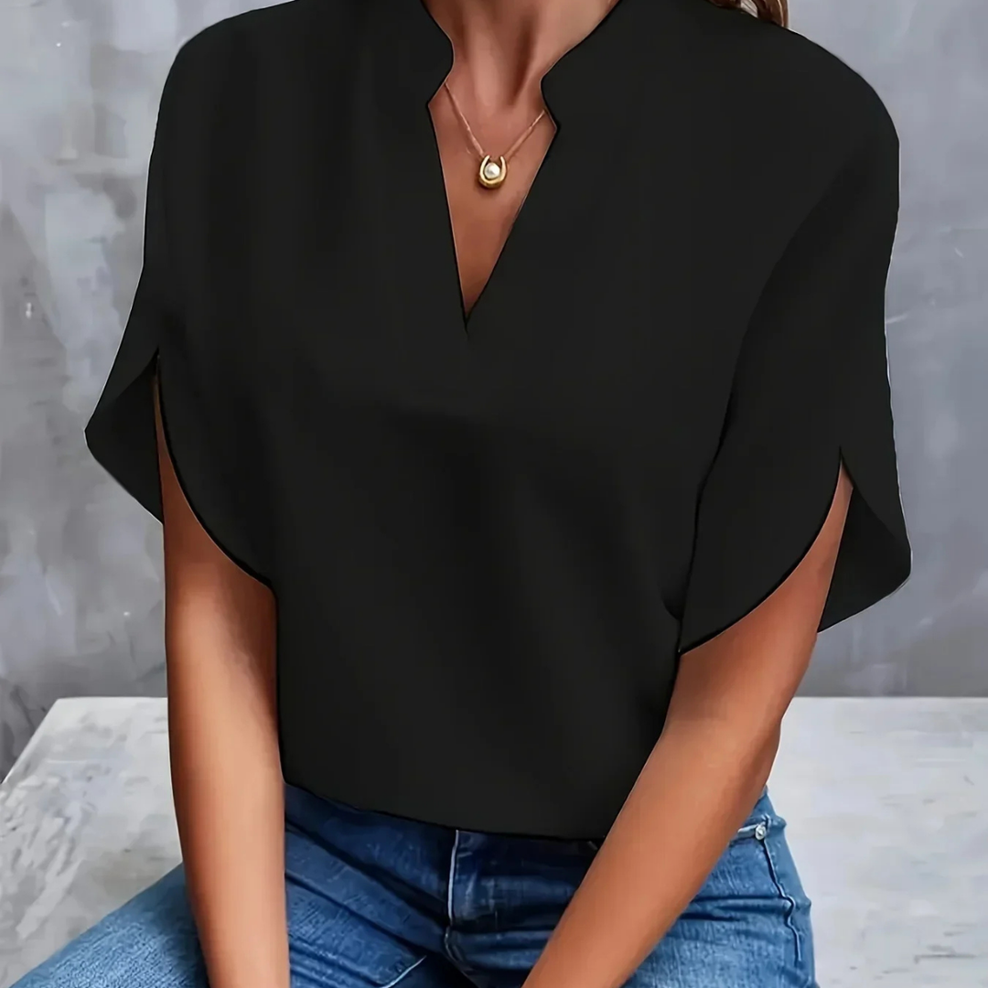 Chiffon-Look V-Neck Short Sleeve Blouse