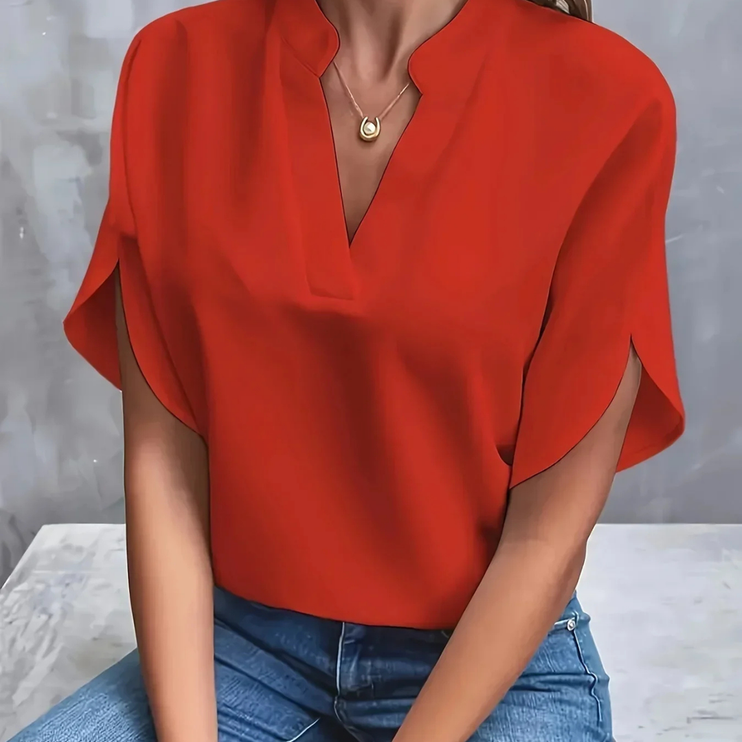 Chiffon-Look V-Neck Short Sleeve Blouse