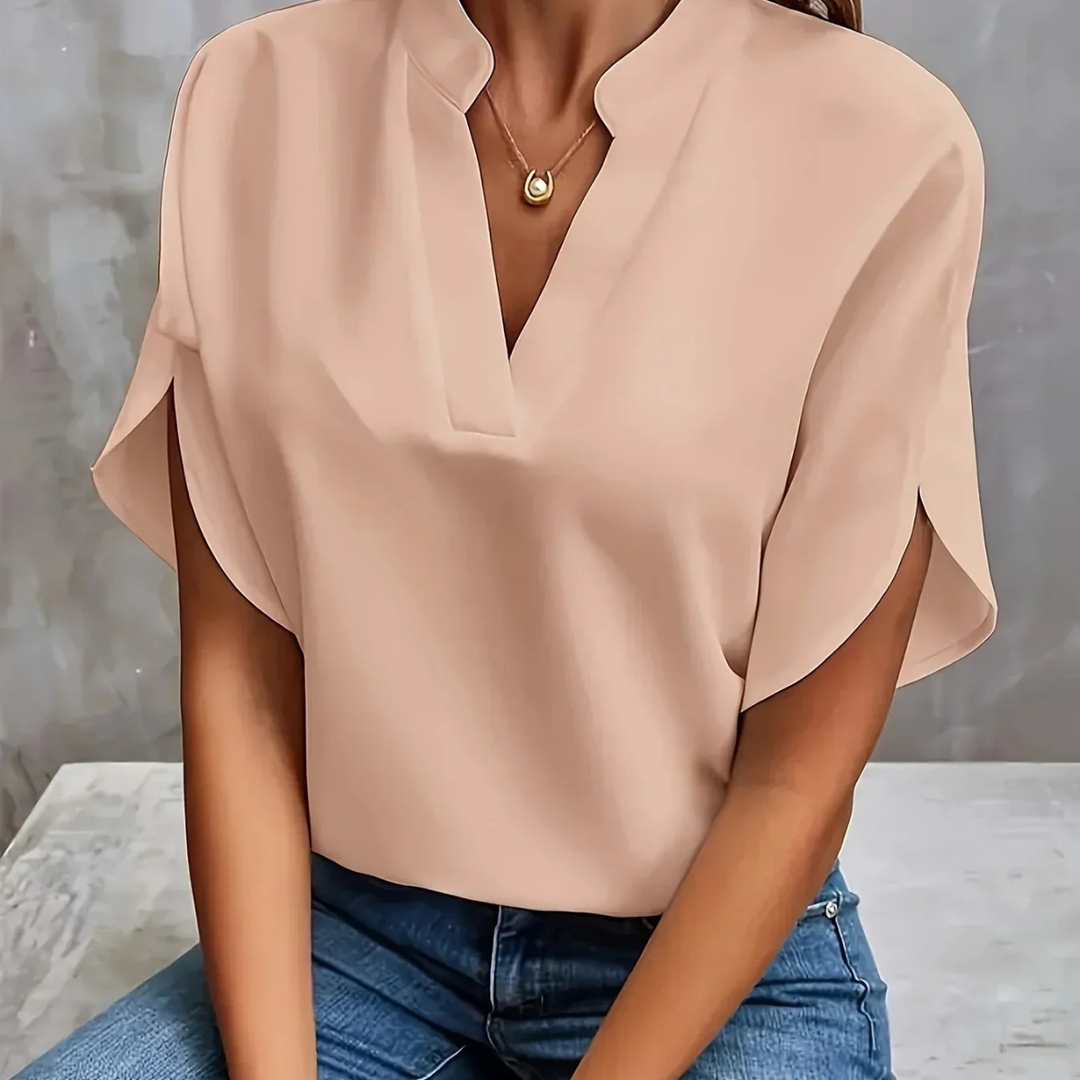 Chiffon-Look V-Neck Short Sleeve Blouse