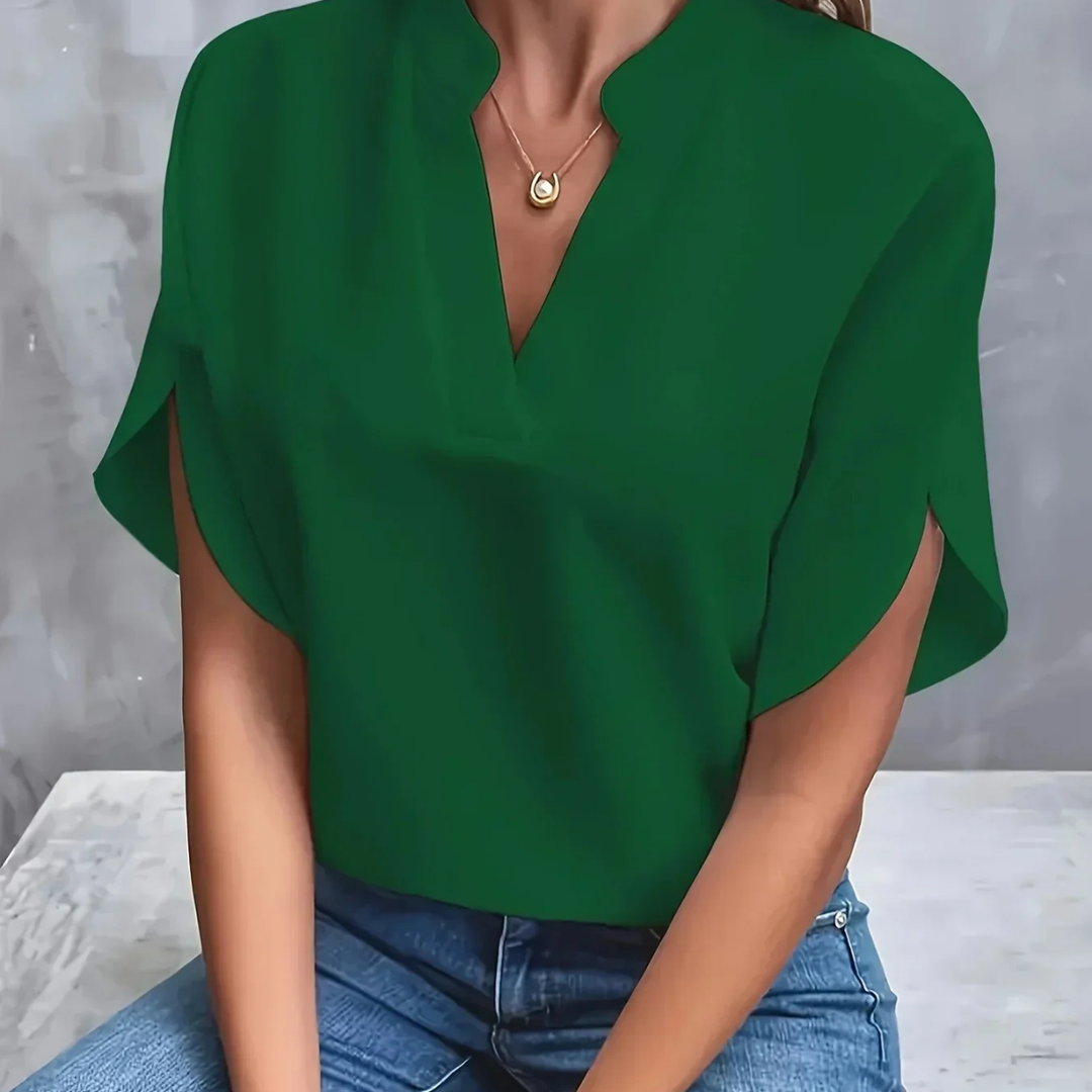 Chiffon-Look V-Neck Short Sleeve Blouse