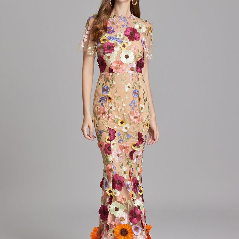 Floral Appliqué Mermaid Evening Gown