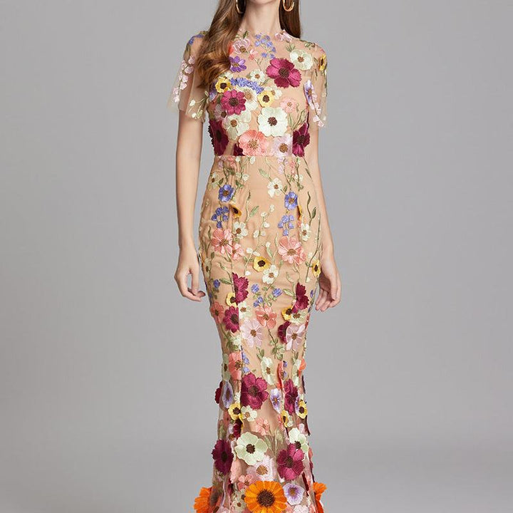 Floral Appliqué Mermaid Evening Gown