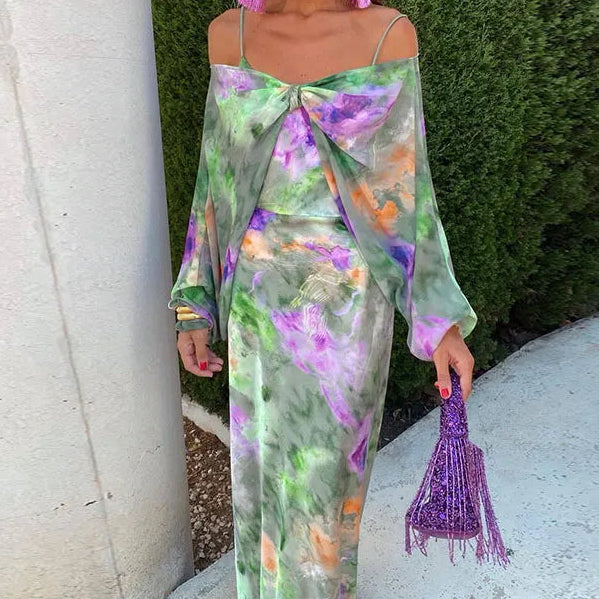 Halo Dye Print Maxi Dress with Detachable Scarf