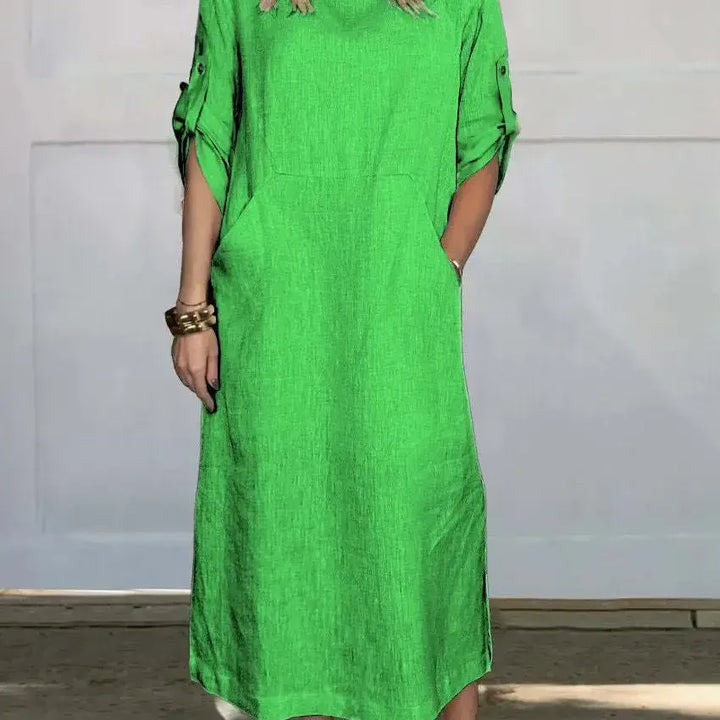 Casual Roll Tab Sleeves Linen-Look Summer Dress