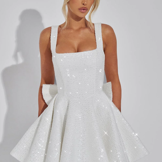 Backless Sequin Tweed Bow Dress