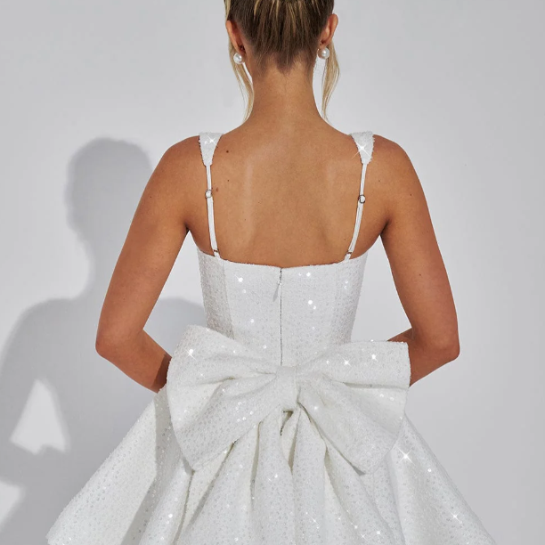 Backless Sequin Tweed Bow Dress