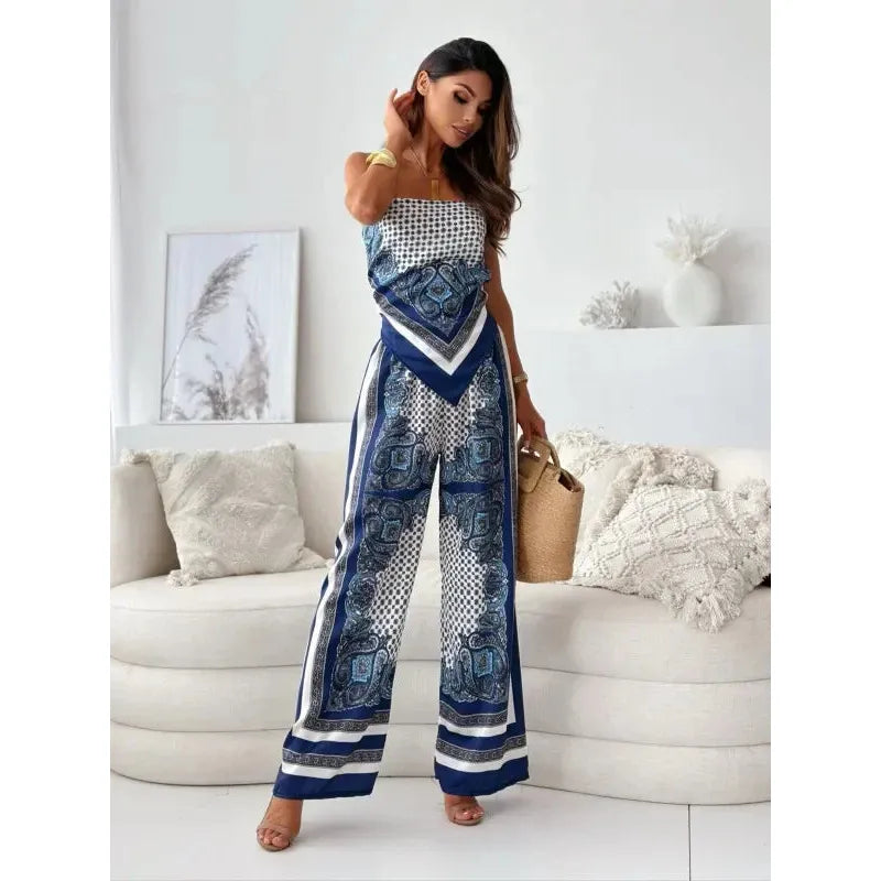 Printed Lace-Up Vest And Pants Set