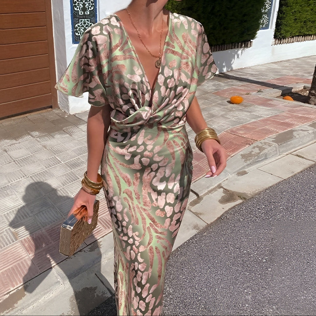 Printed Twist Front Bodycon Maxi Dress