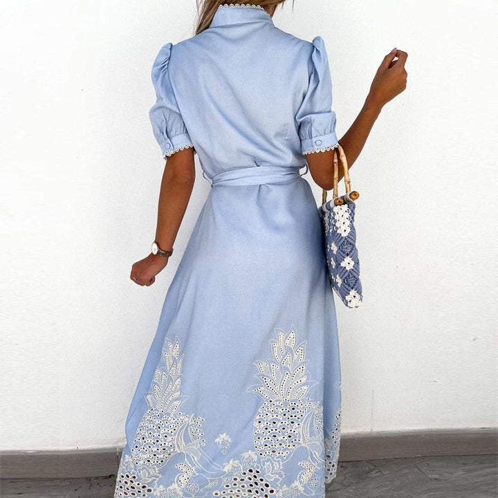 Linen-Look Embroidered Midi Dress