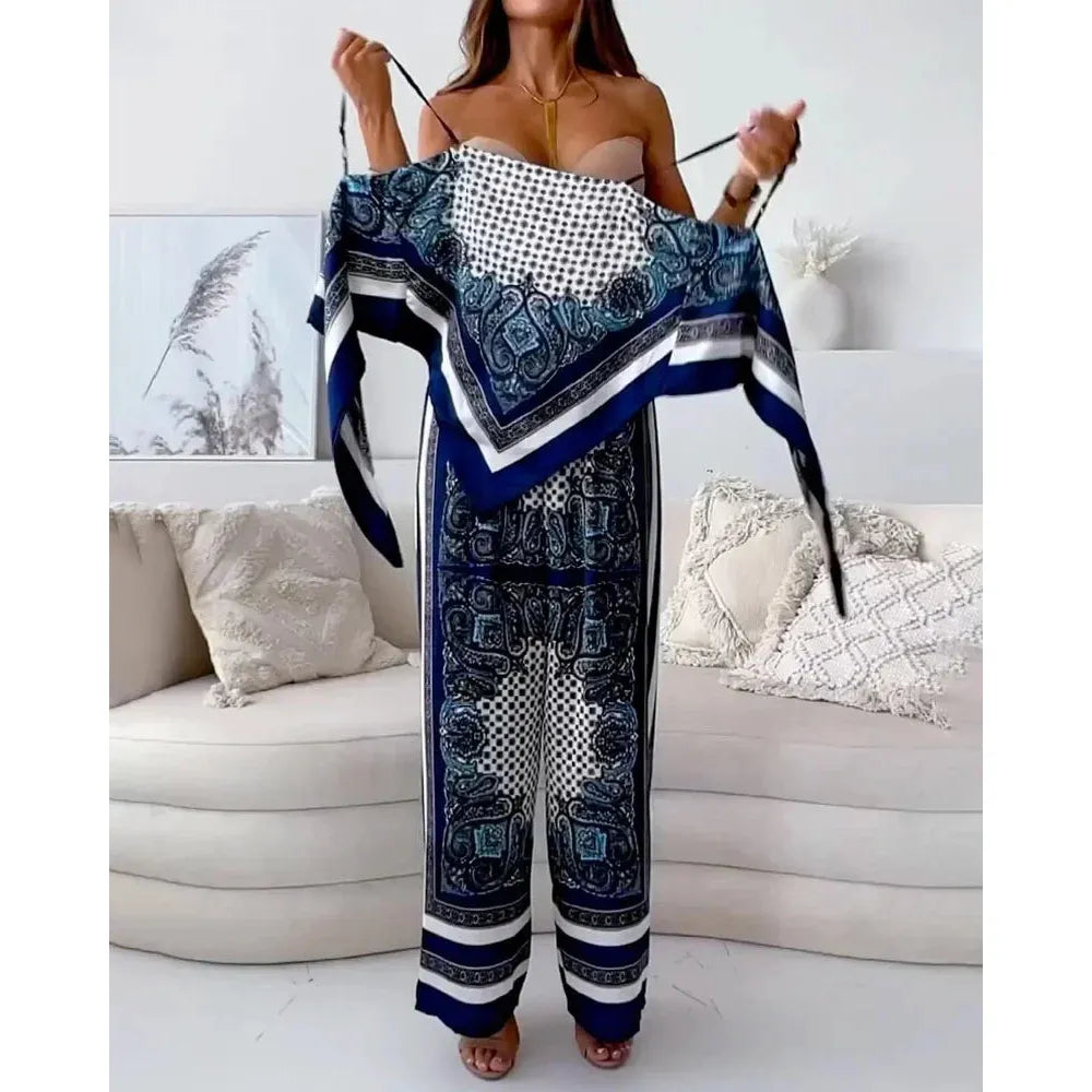 Printed Lace-Up Vest And Pants Set
