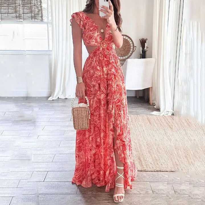 Floral Cut Out Maxi Dress with Ruffle Sleeves