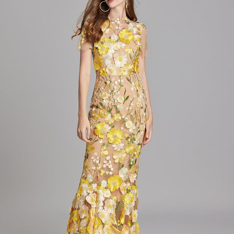 Floral Appliqué Mermaid Evening Gown