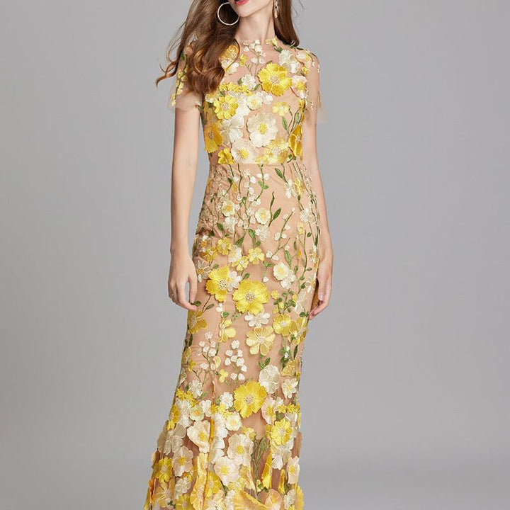 Floral Appliqué Mermaid Evening Gown