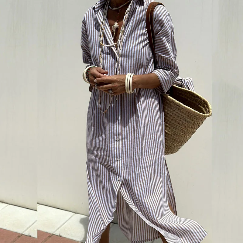 Long Sleeve Striped Shirt Maxi Dress