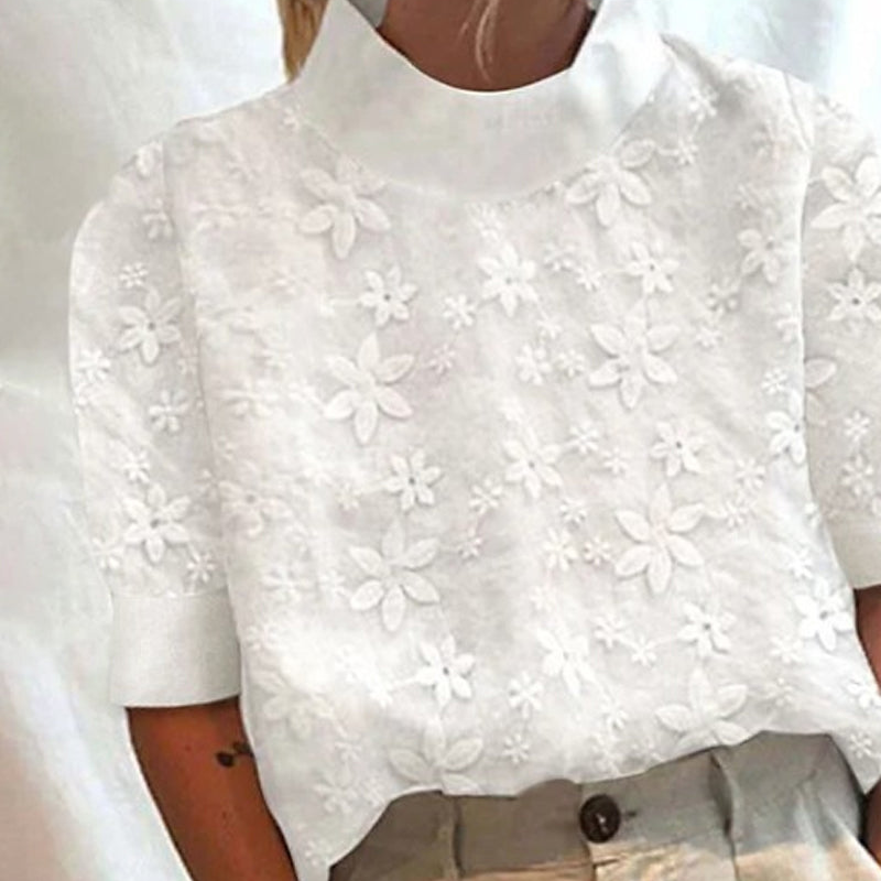 Floral Embroidered Mock Neck Short Sleeve Top
