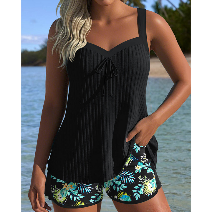 Textured Tankini & Floral Shorts Set