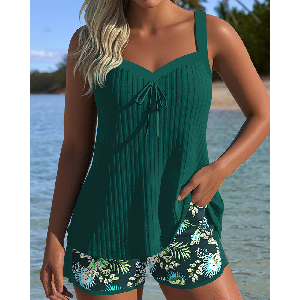 Textured Tankini & Floral Shorts Set