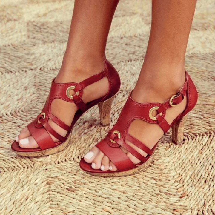 Strappy Grommet Mid Heel Sandals