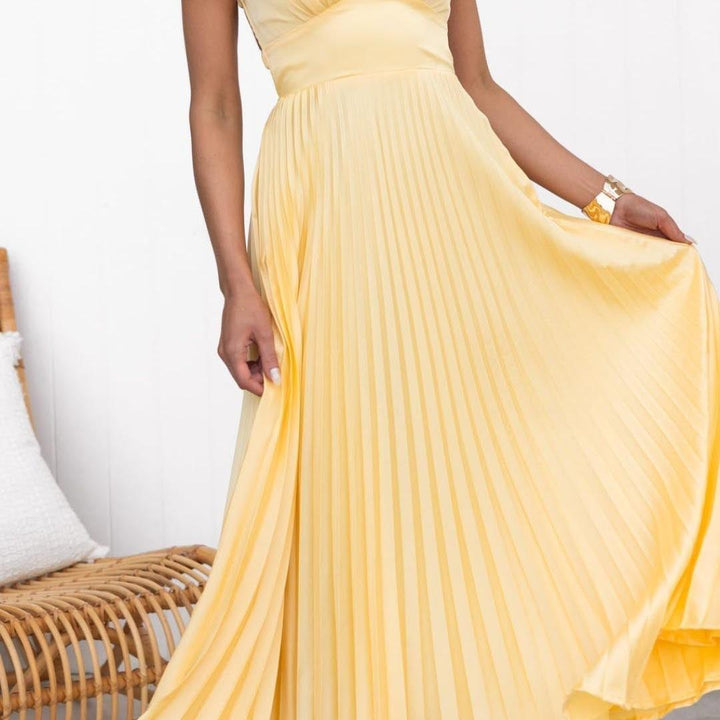 Criss Cross Back Yellow Pleated Maxi Dress