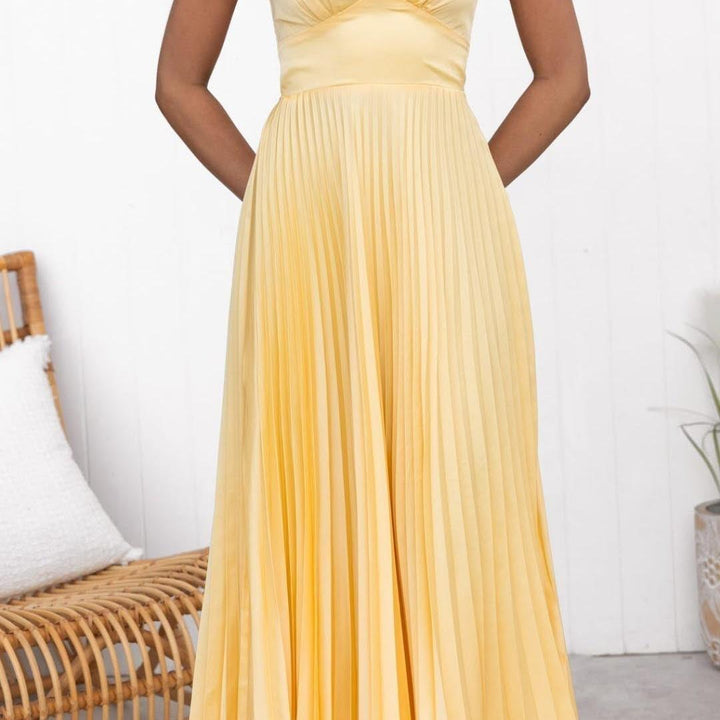Criss Cross Back Yellow Pleated Maxi Dress