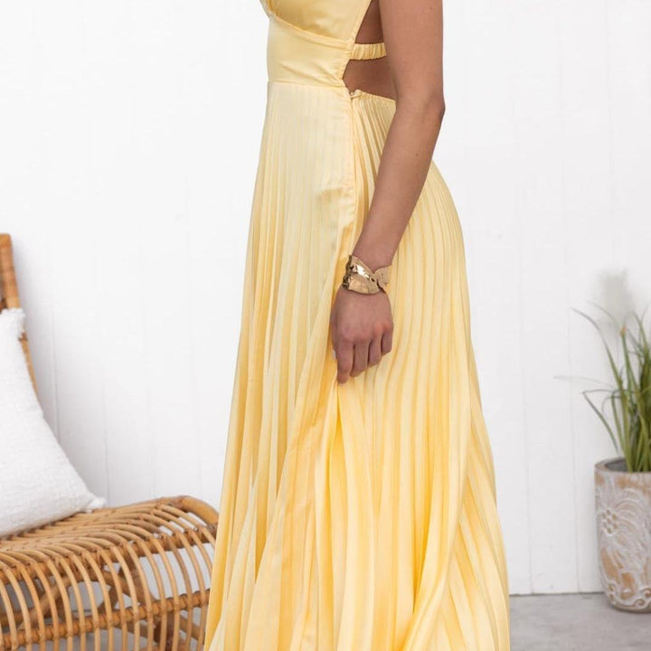 Criss Cross Back Yellow Pleated Maxi Dress