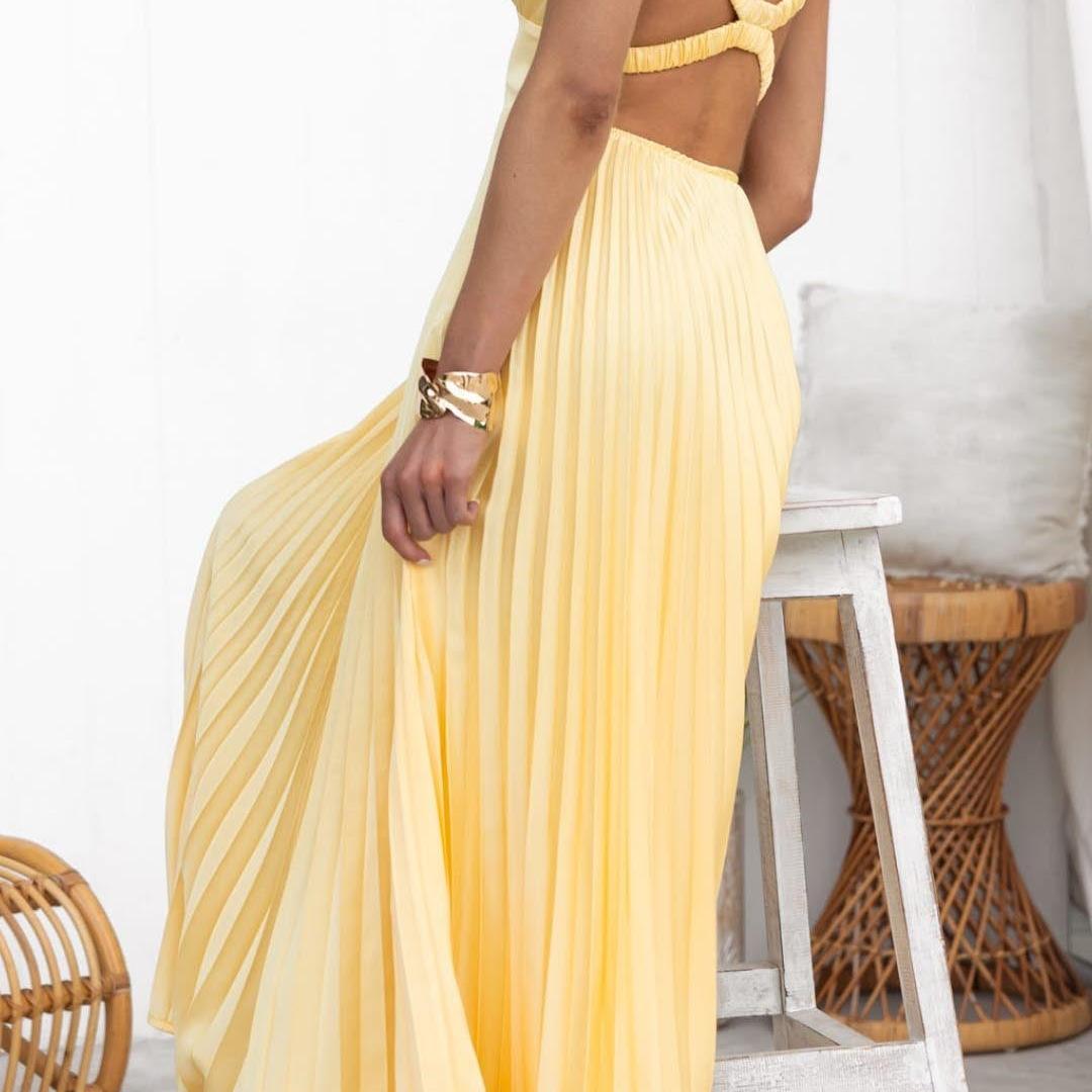 Criss Cross Back Yellow Pleated Maxi Dress